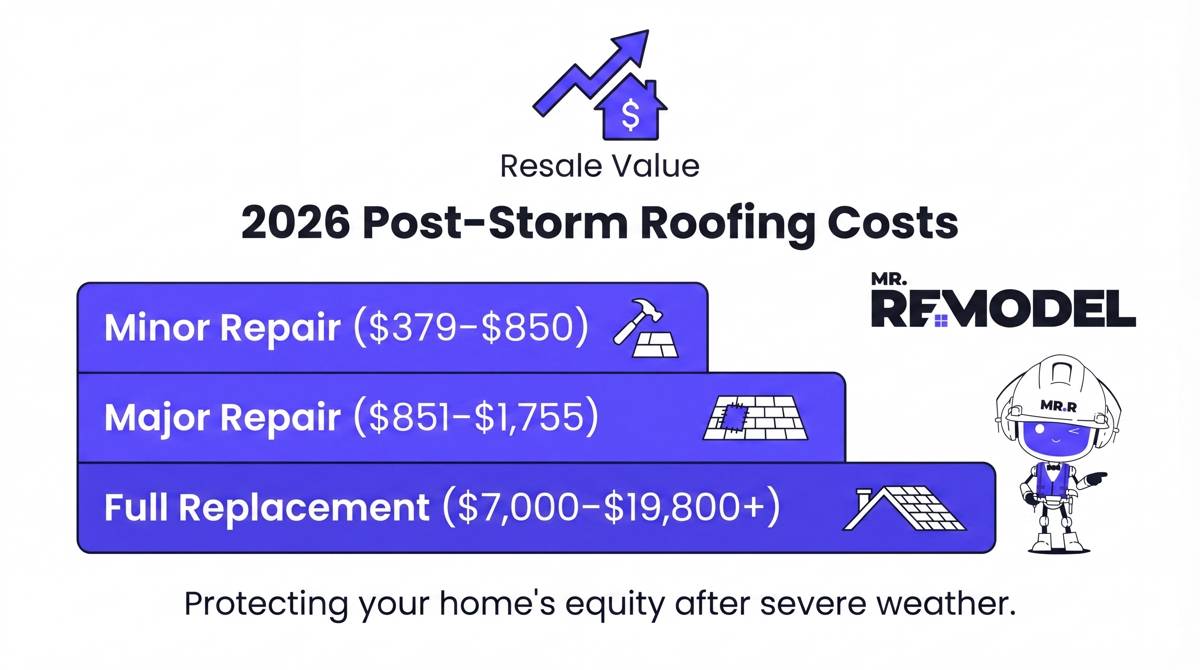 A tiered infographic illustrating the 2026 cost ranges for minor storm repairs, major storm repairs, and full roof replacements.